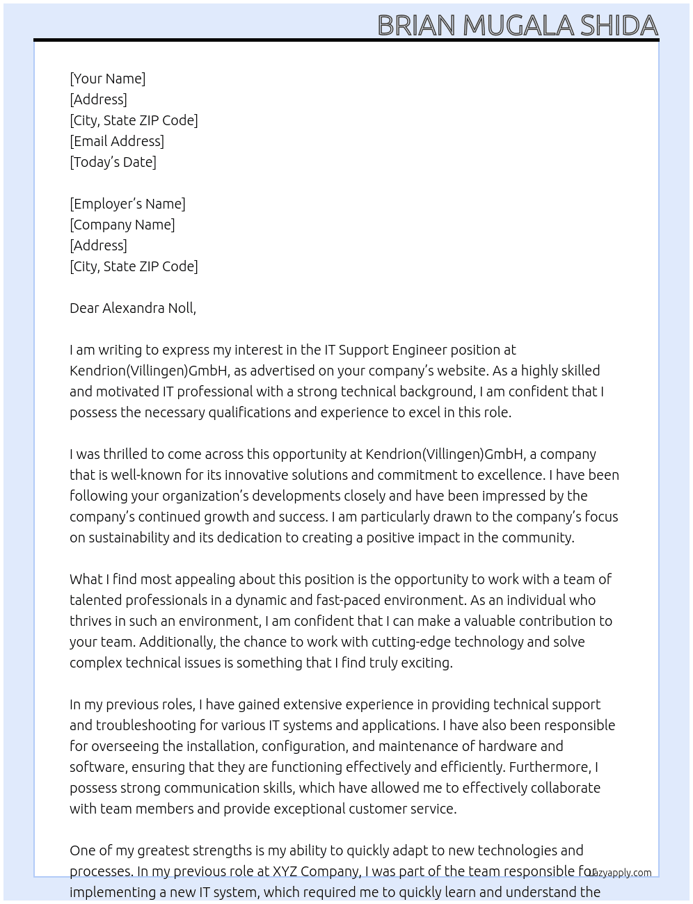 IT Support Engineer  At Kendrion(Villingen)GmbH Cover Letter