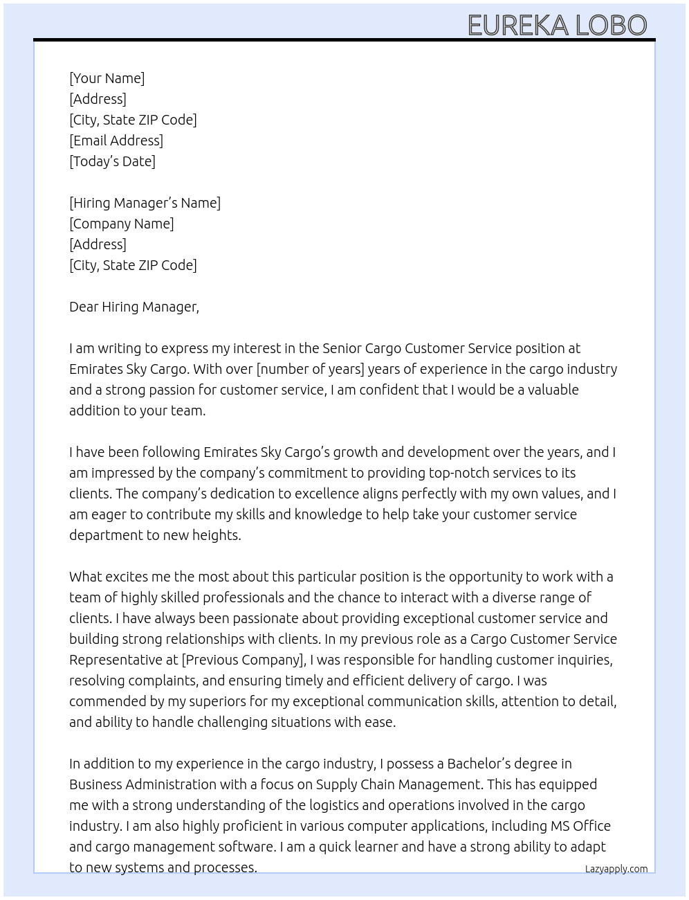 Senior Cargo Customer Service  At Emirates Sky Cargo  Cover Letter