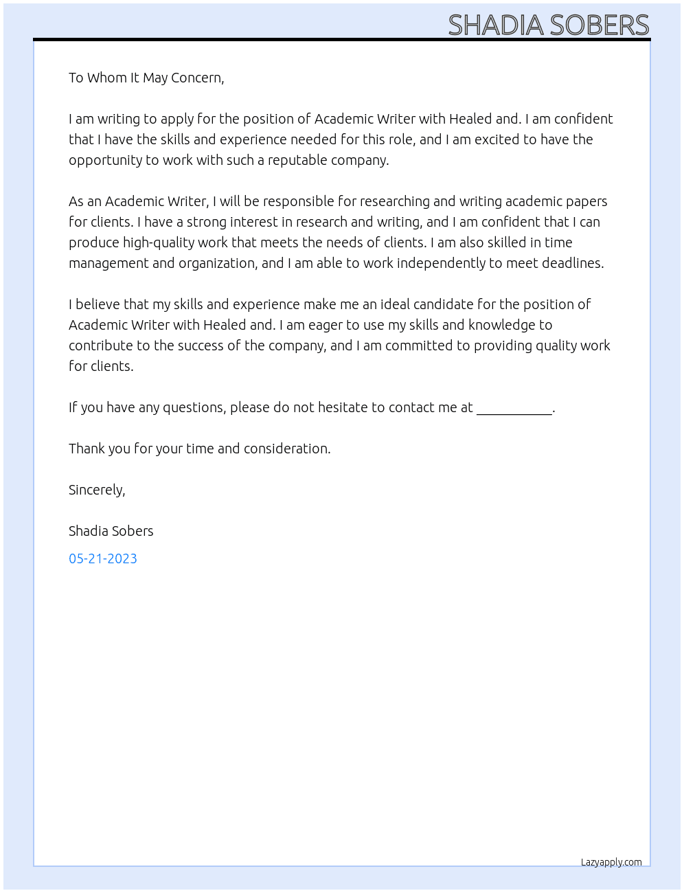 Academic Writer At Healed and  Cover Letter