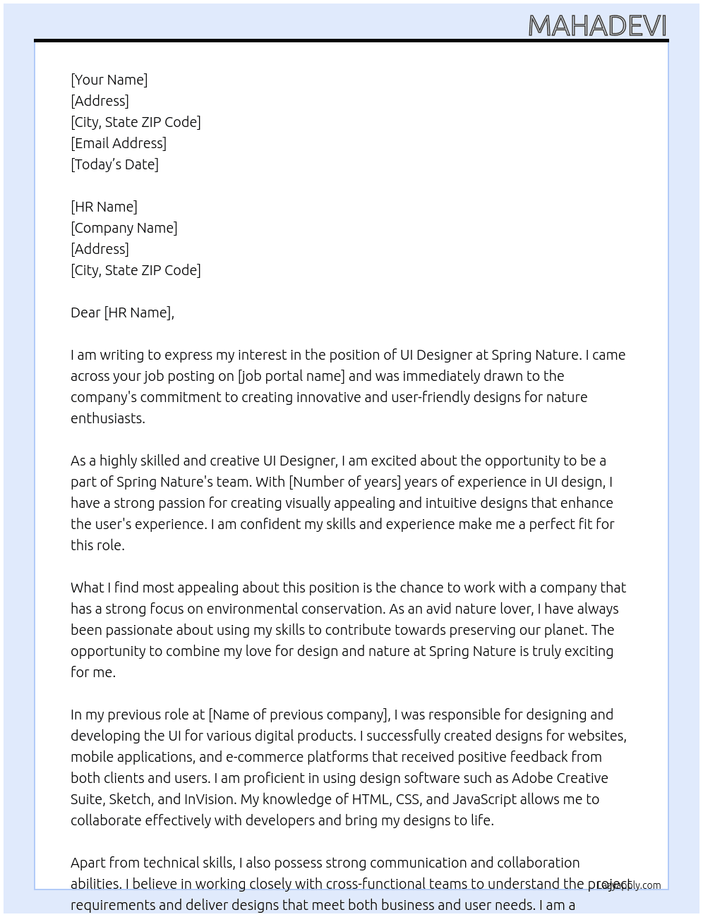 UI designer At spring nature Cover Letter
