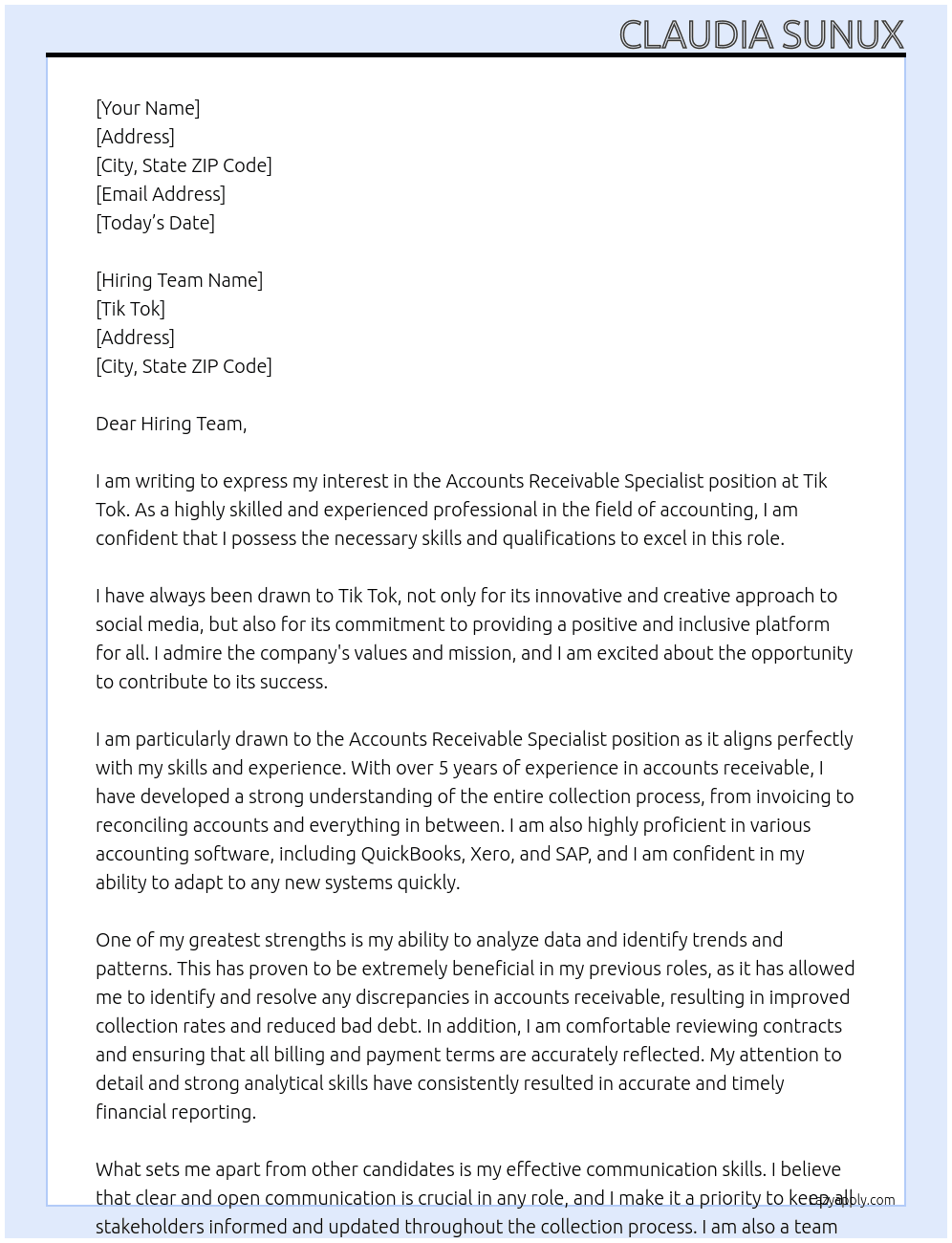 Accounts Receivable Specialist At Tik tok  Cover Letter