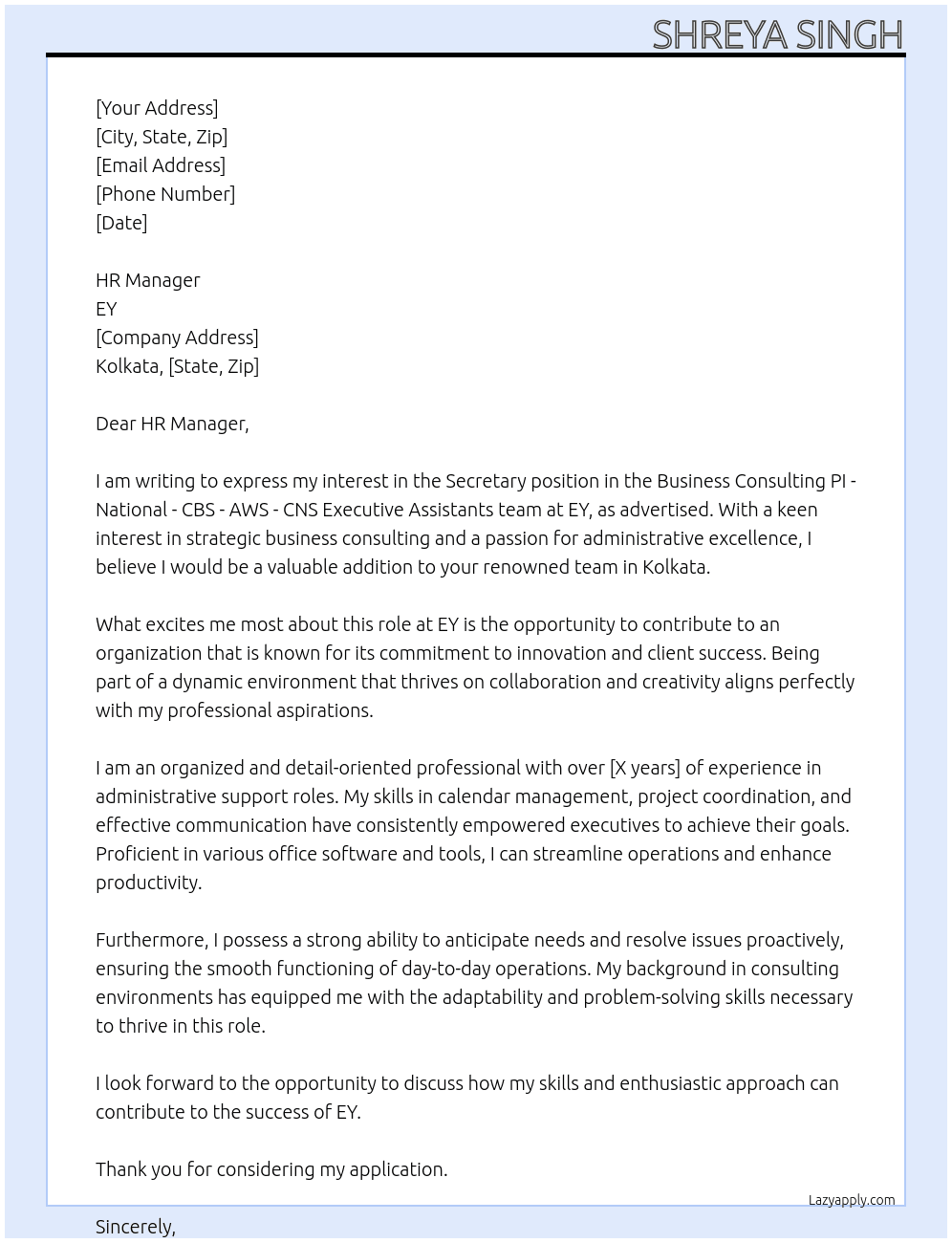 Cover letter for secretary - business consulting pi - national - cbs - aws - cns executive assistants - LazyApply
