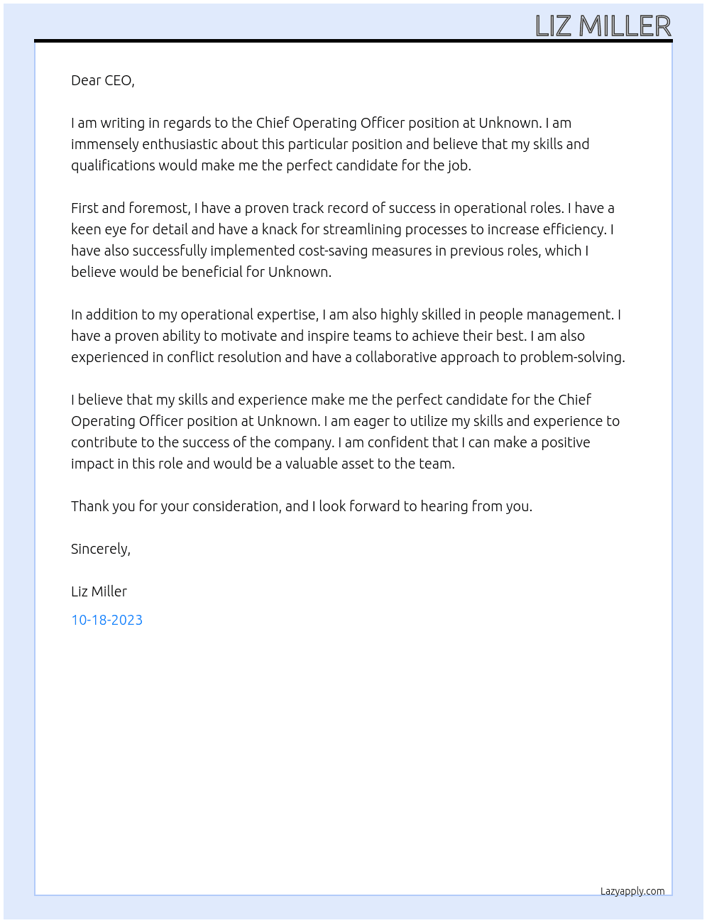 Chief Operating Officer At Unknown Cover Letter