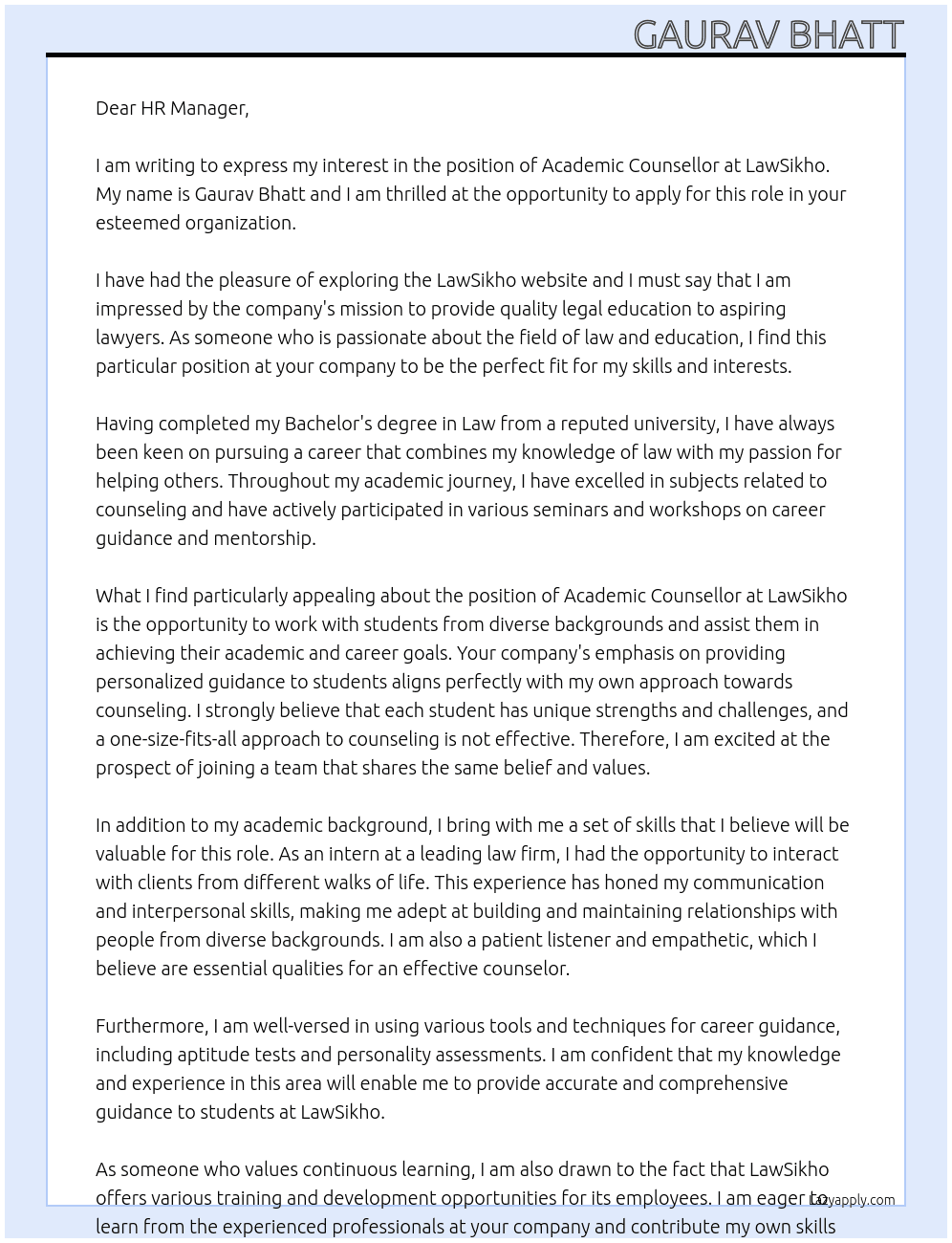 Academic Counsellor At LawSikho Cover Letter