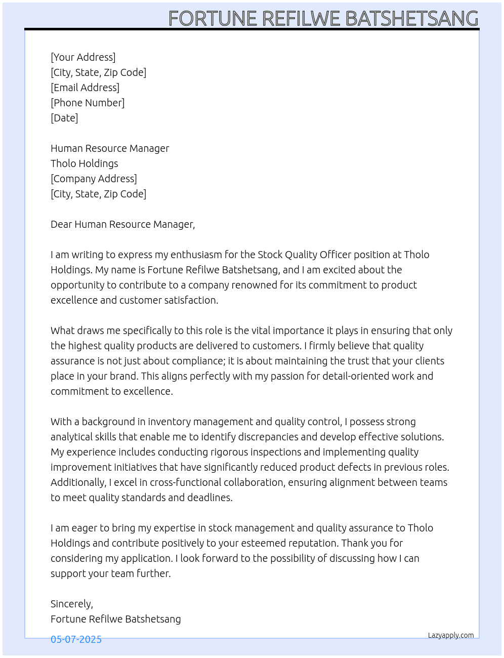 Stock Quality Officer At Tholo Holdings  Cover Letter