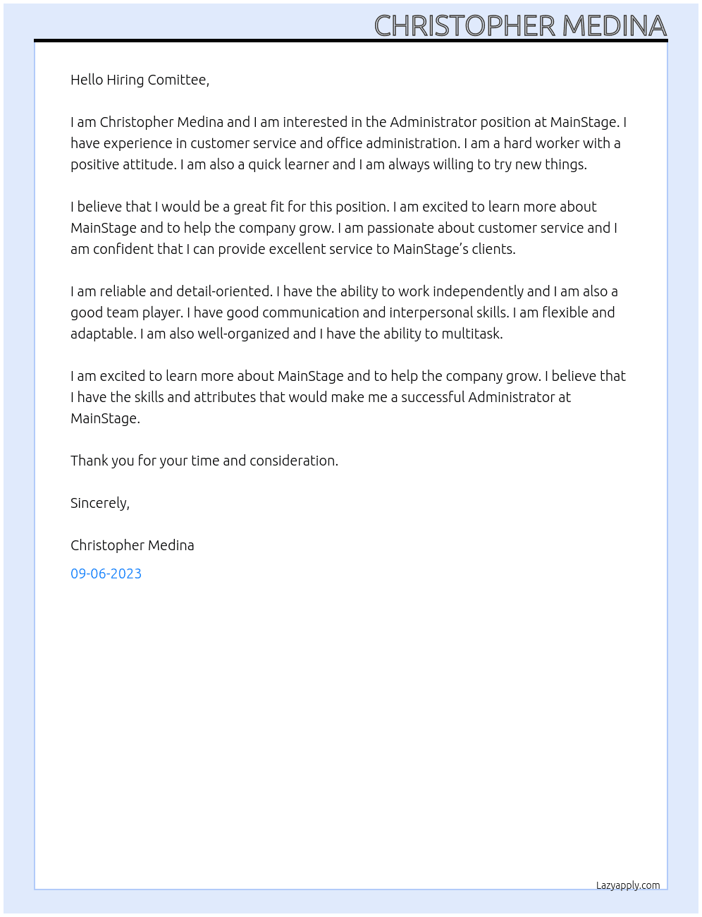 Administrator At MainStage Cover Letter