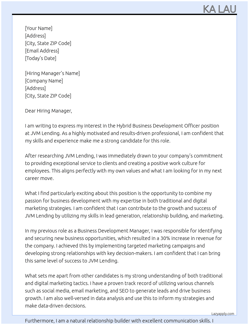 Hybrid Business Development Officer At JVM Lending Cover Letter