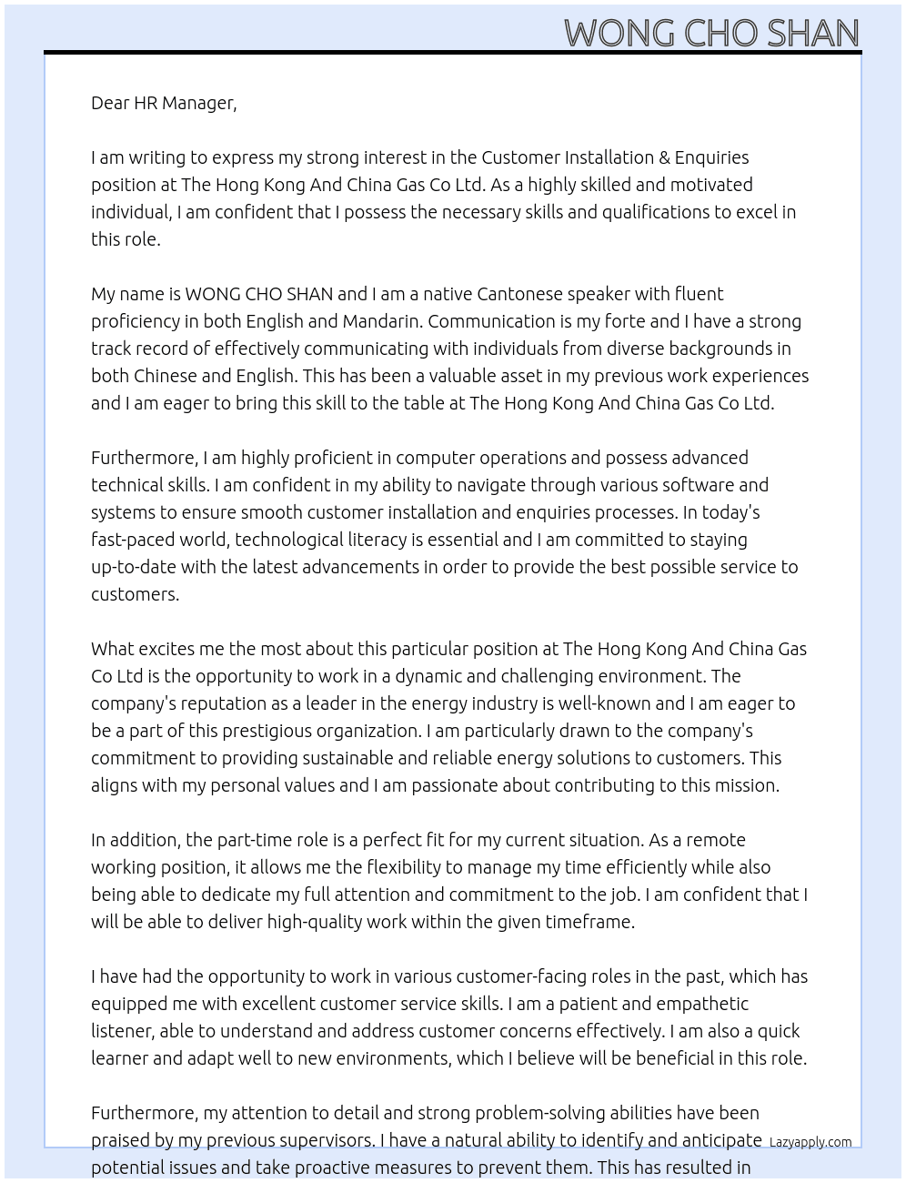 Customer Installation & Enquiries At The Hong Kong And China Gas Co Ltd  Cover Letter