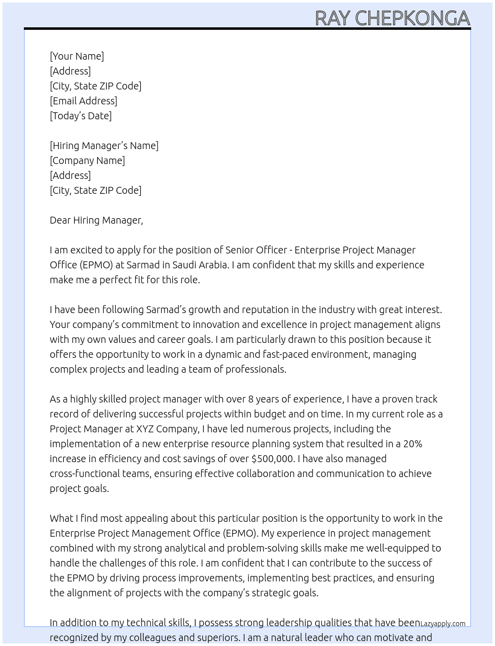Senior Officer - Enterprise Project Manager Office (EPMO) At Sarmad - Saudi Arabia Cover Letter
