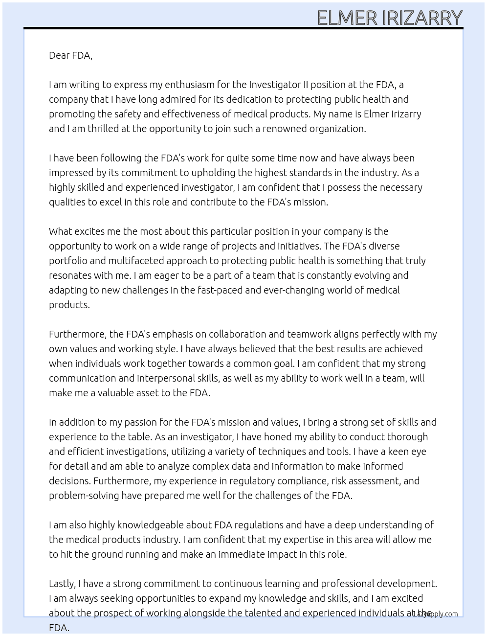 investigator ii At FDA Cover Letter
