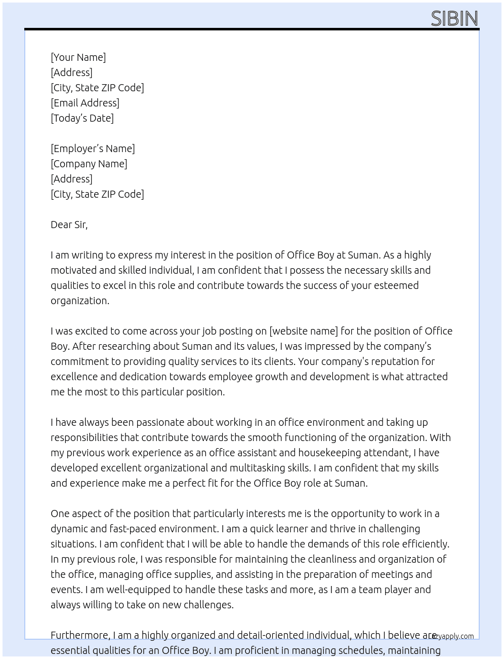 Office boy  At Suman Cover Letter