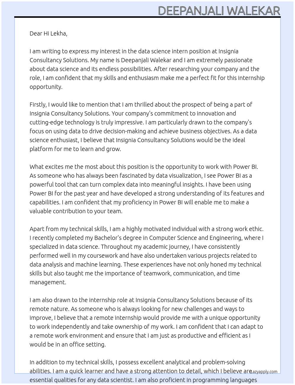 data science intern At Insignia Consultancy Solutions Cover Letter