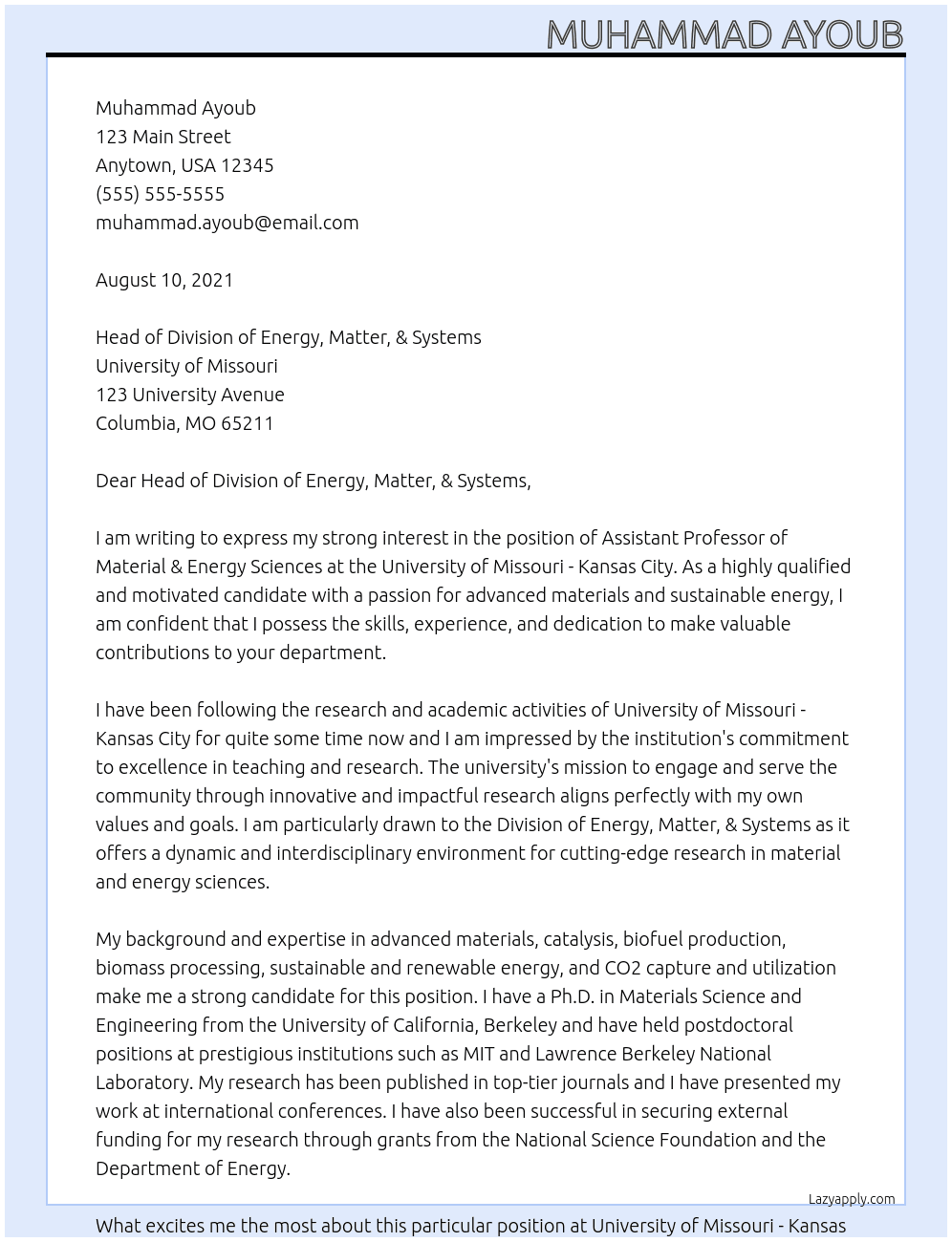 Assistan Professor of Material & Energy Sciences At University of Missouri - Kansas City Cover Letter