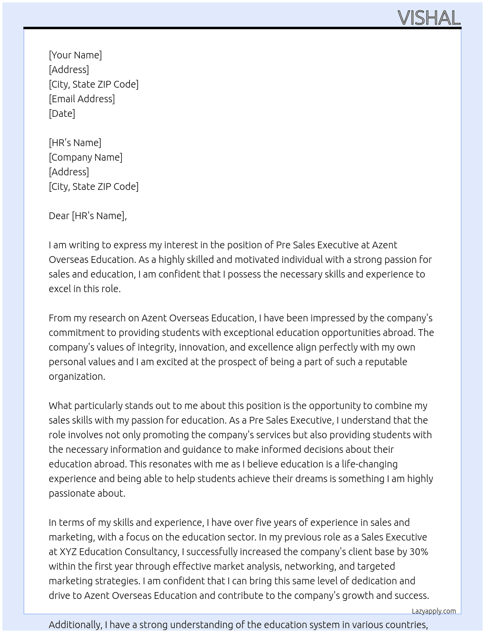 Pre Sales Executive At Azent Overseas Education Cover Letter