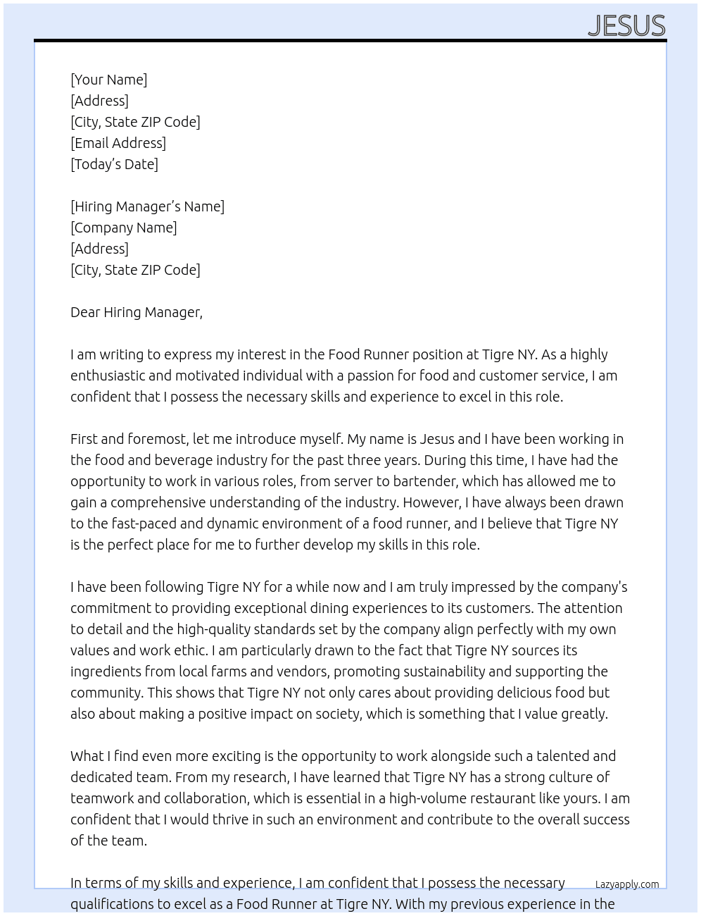 Food Runner At Tigre NY Cover Letter