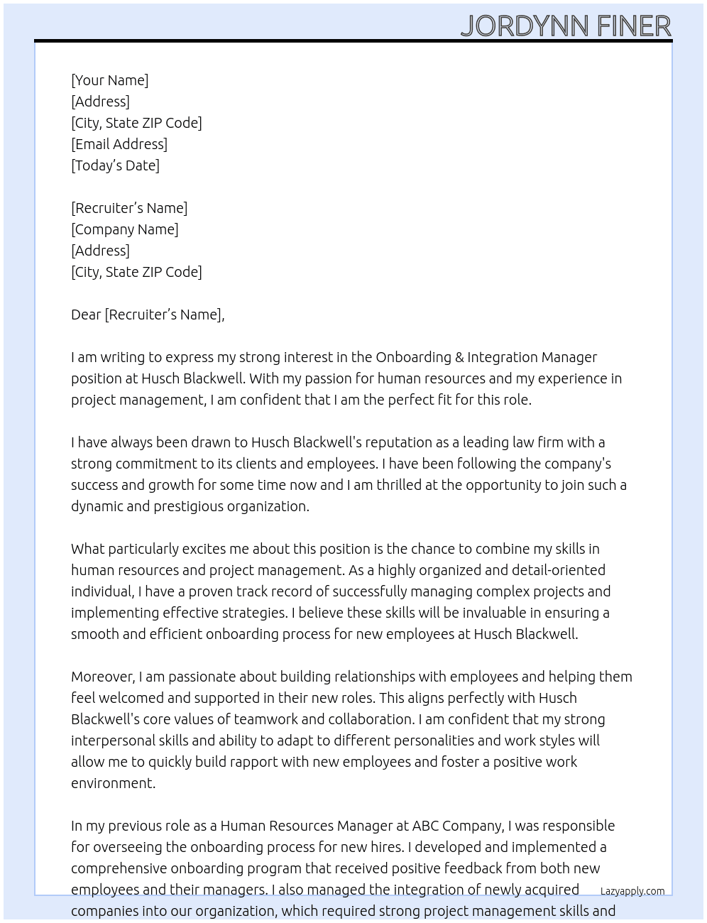 Onboarding & Integration Manager At Husch Blackwell Cover Letter