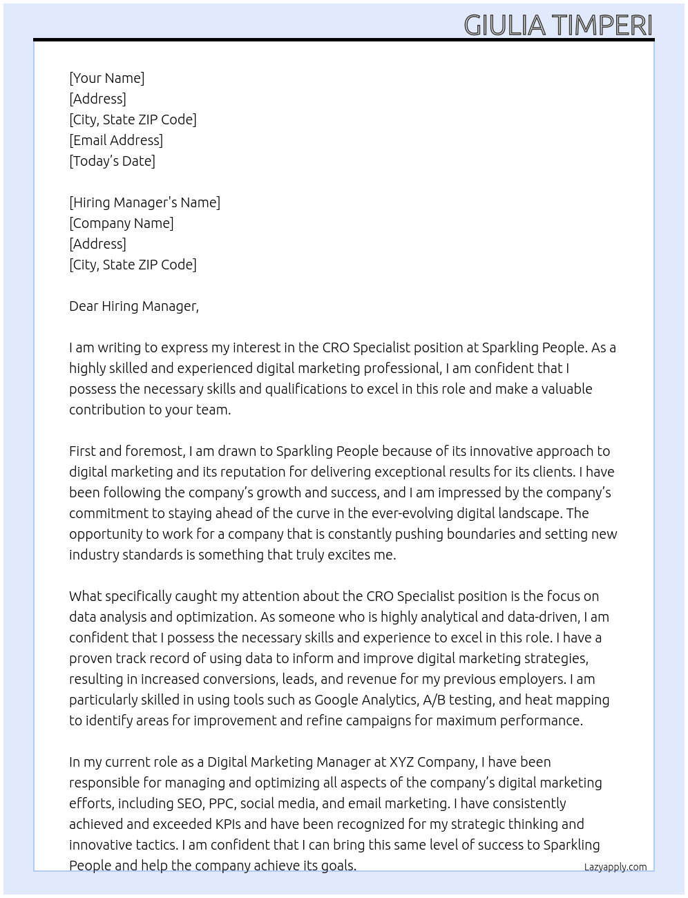 CRO Specialist At Sparkling People Cover Letter