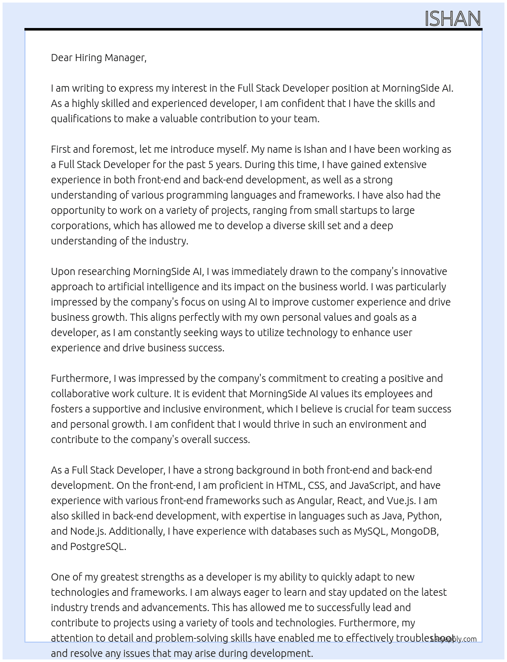 Full Stack Developer At MorningSide AI Cover Letter