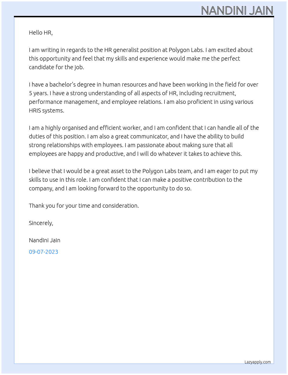 HR generalist  At Polygon Labs Cover Letter