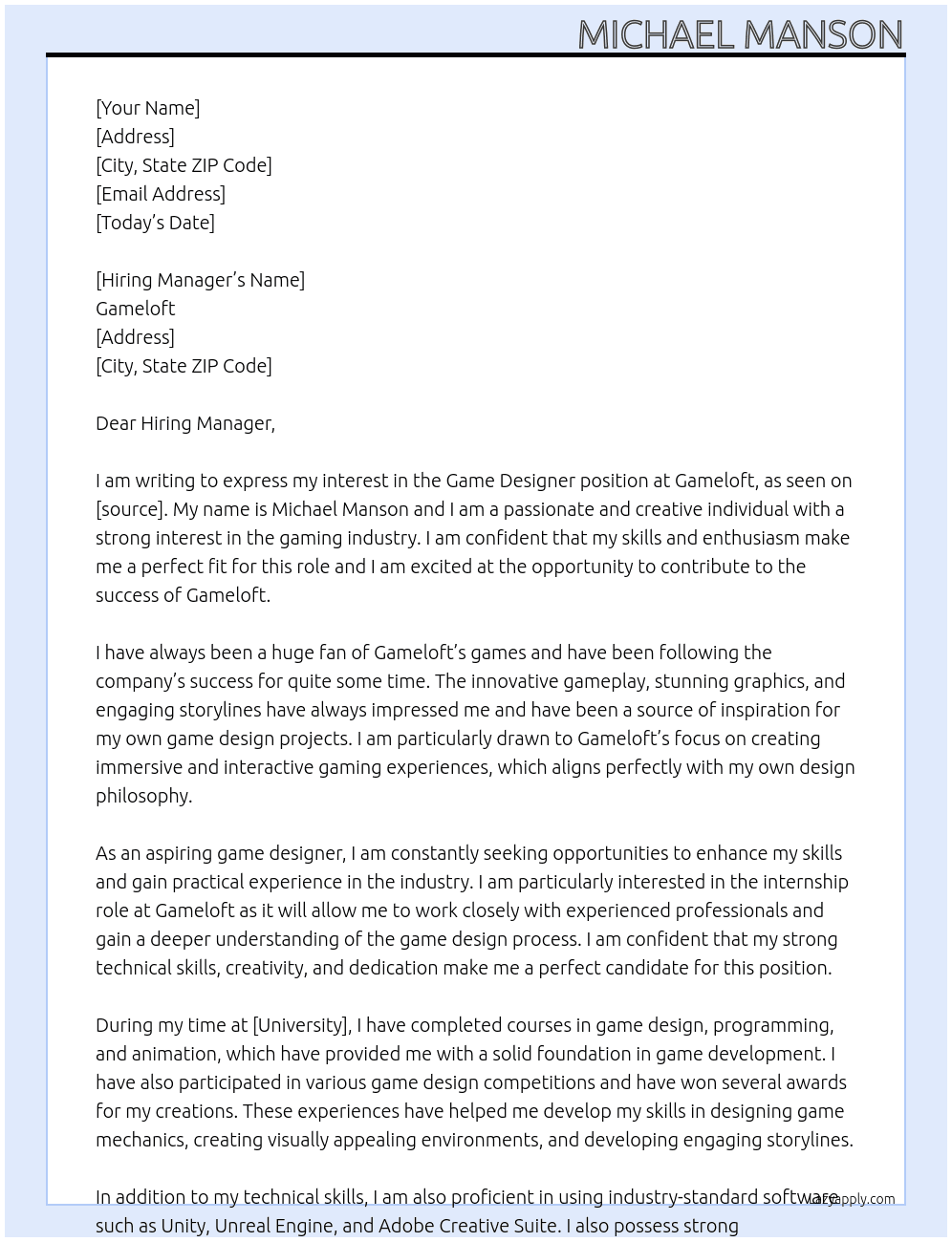 Game Designer At Gameloft Cover Letter