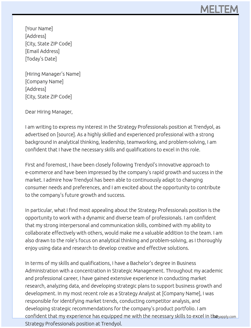 Strategy Professionals At Trendyol Cover Letter