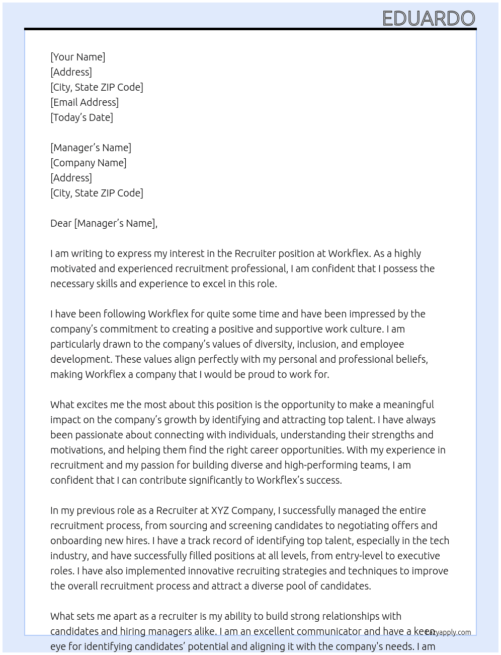 Recruiter At Workflex Cover Letter