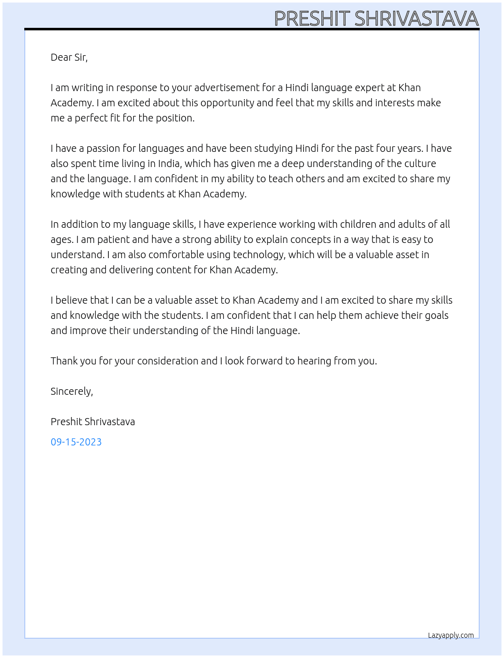 Hindi language expert At Khan Academy Cover Letter