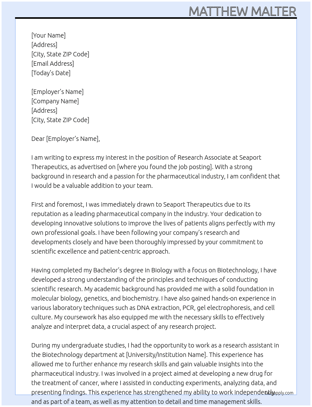 Research Associate At Seaport Therapeutics Cover Letter