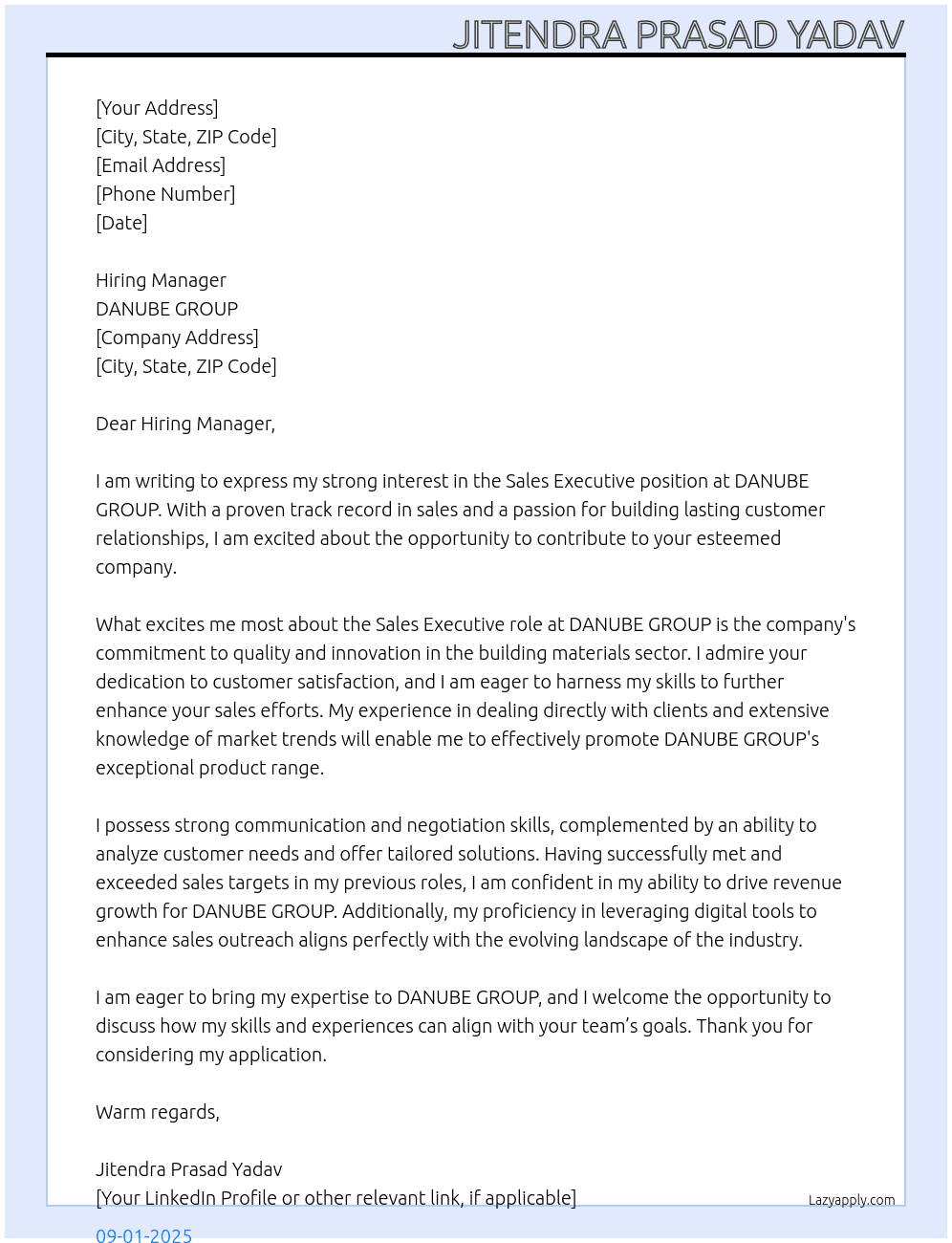 Sales Executive At DANUBE GROUP Cover Letter