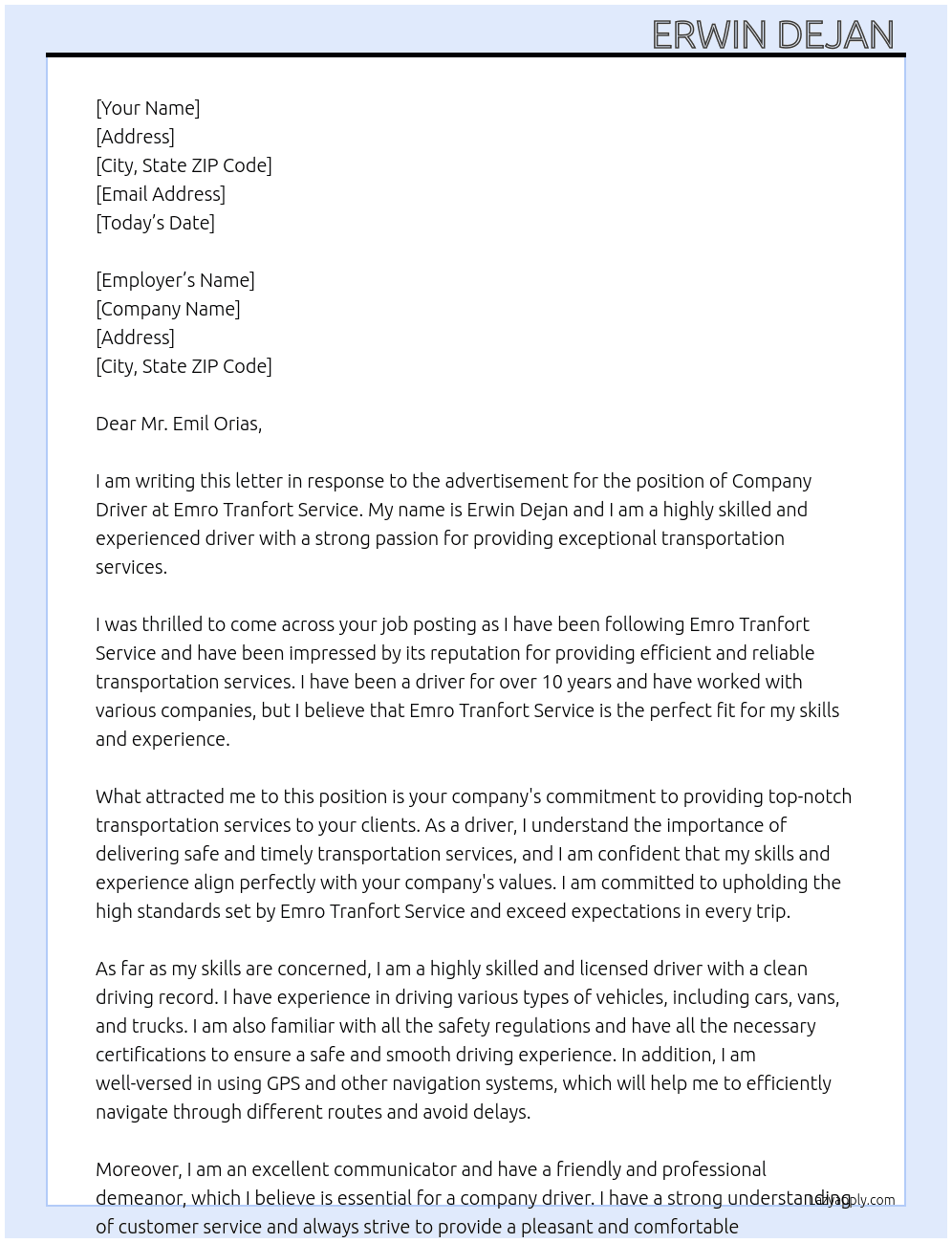 company driver At Emro tranfort service  Cover Letter