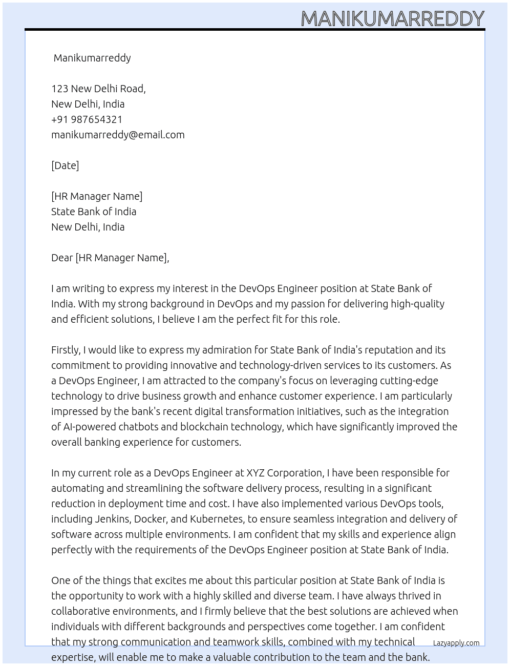 DevOps Engineer At State Bank Of India Cover Letter