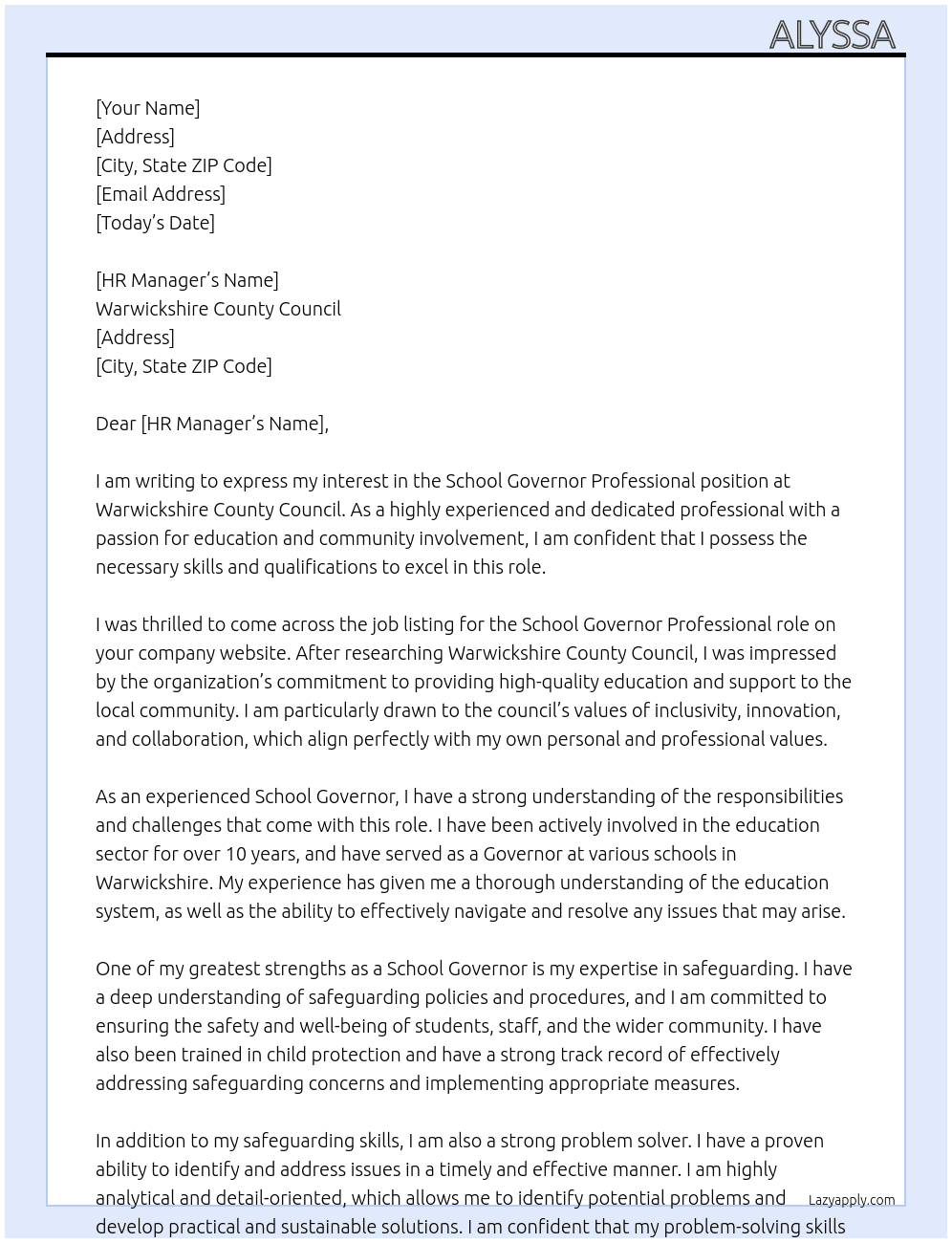 School Governor Professional At Warwickhire County Council Cover Letter
