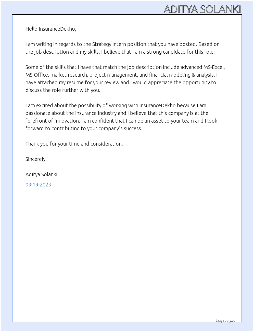 Strategy Intern At InsuranceDekho Cover Letter