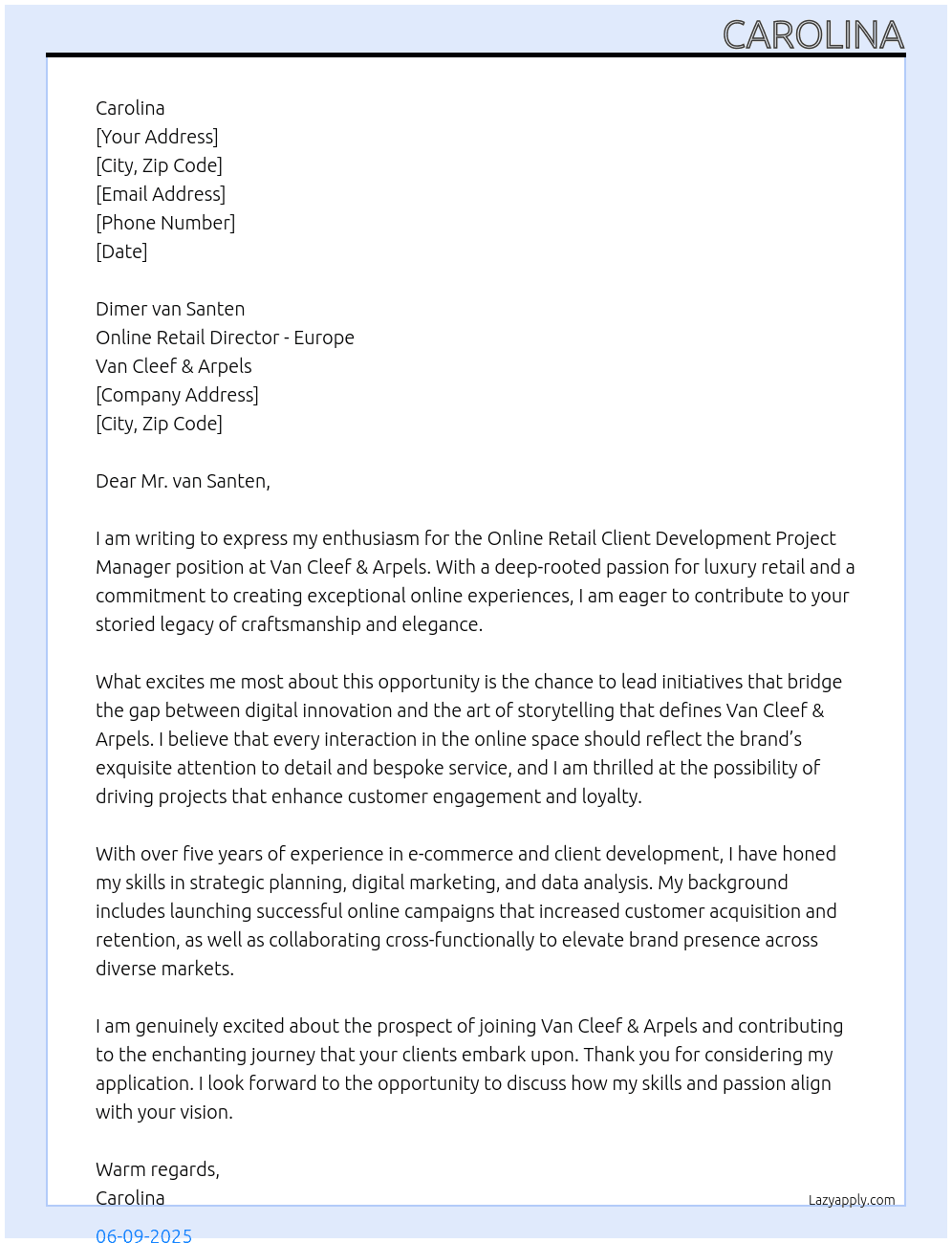 Cover letter for online retail client development project manager - LazyApply