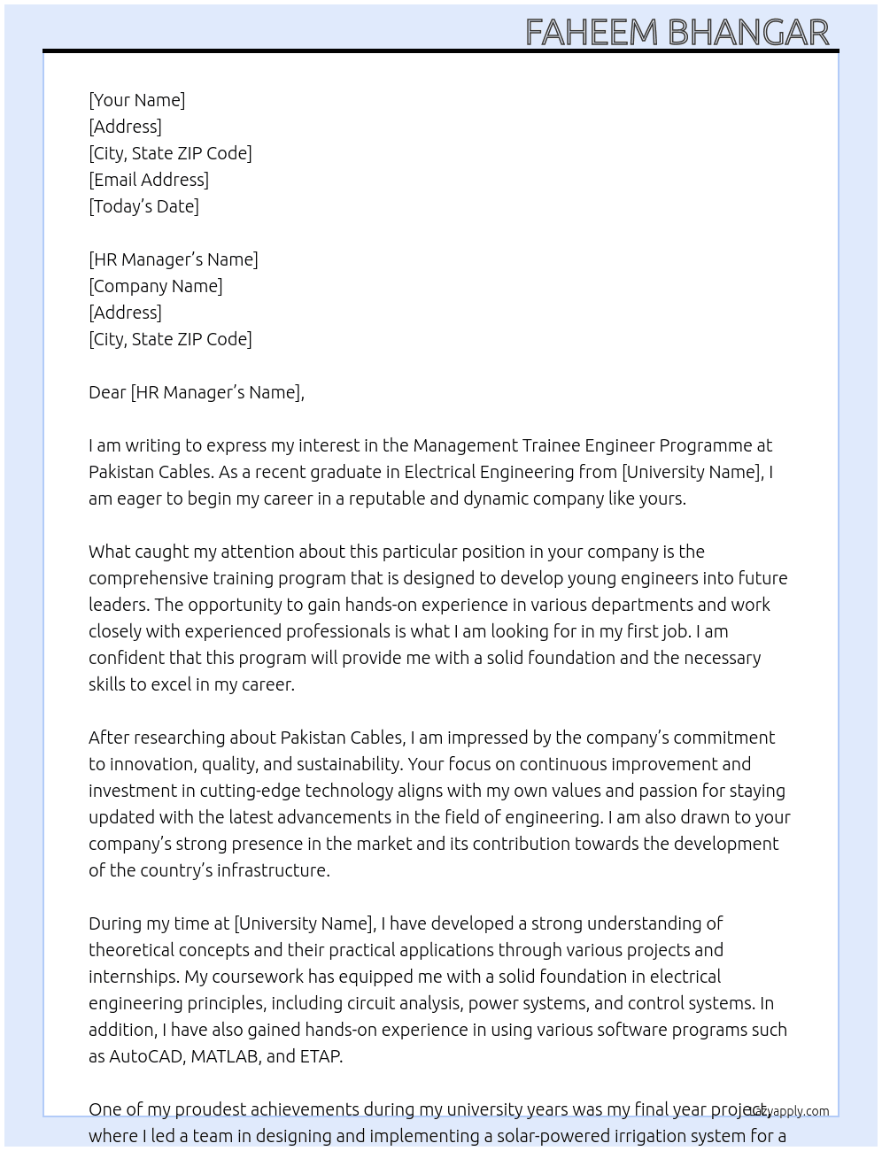 Management trainee engineer programme  At Pakistan cables  Cover Letter