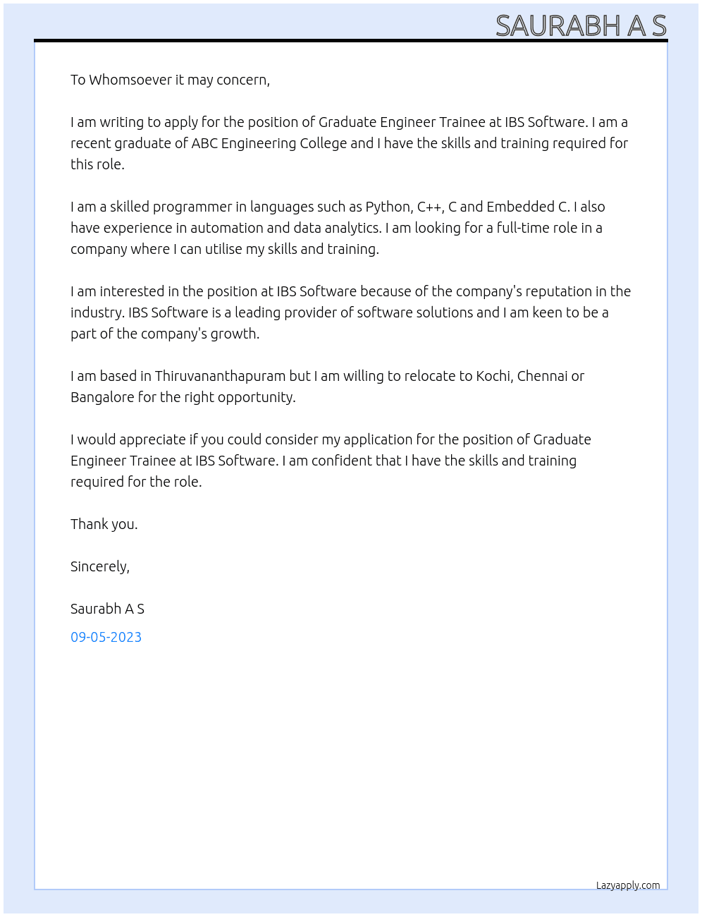Graduate Engineer Trainee At IBS Software  Cover Letter