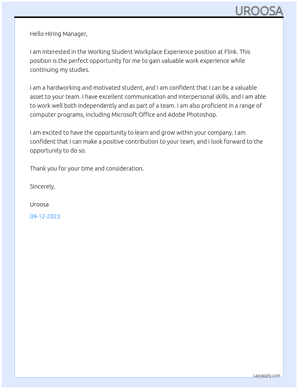 Working Student Workplace Experience At Flink Cover Letter