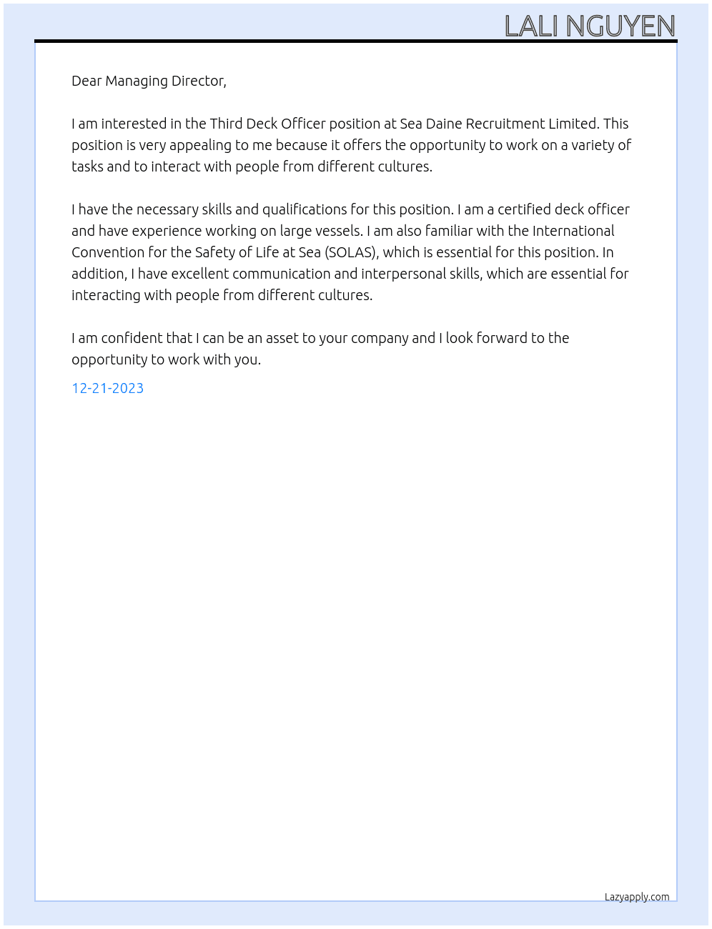 Third Deck Officer At  Sea Daine Recruitment Limited Cover Letter