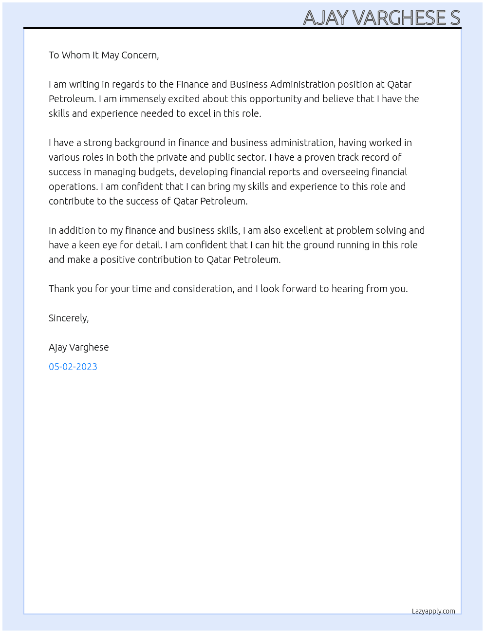 Finance and business administration  At Qatar Petroleum Cover Letter