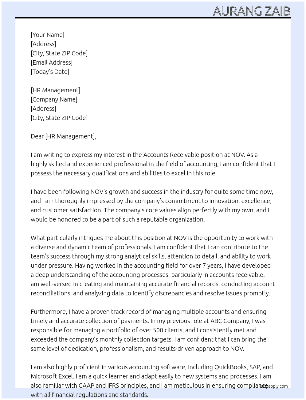 Accounts receivable At NOV Cover Letter