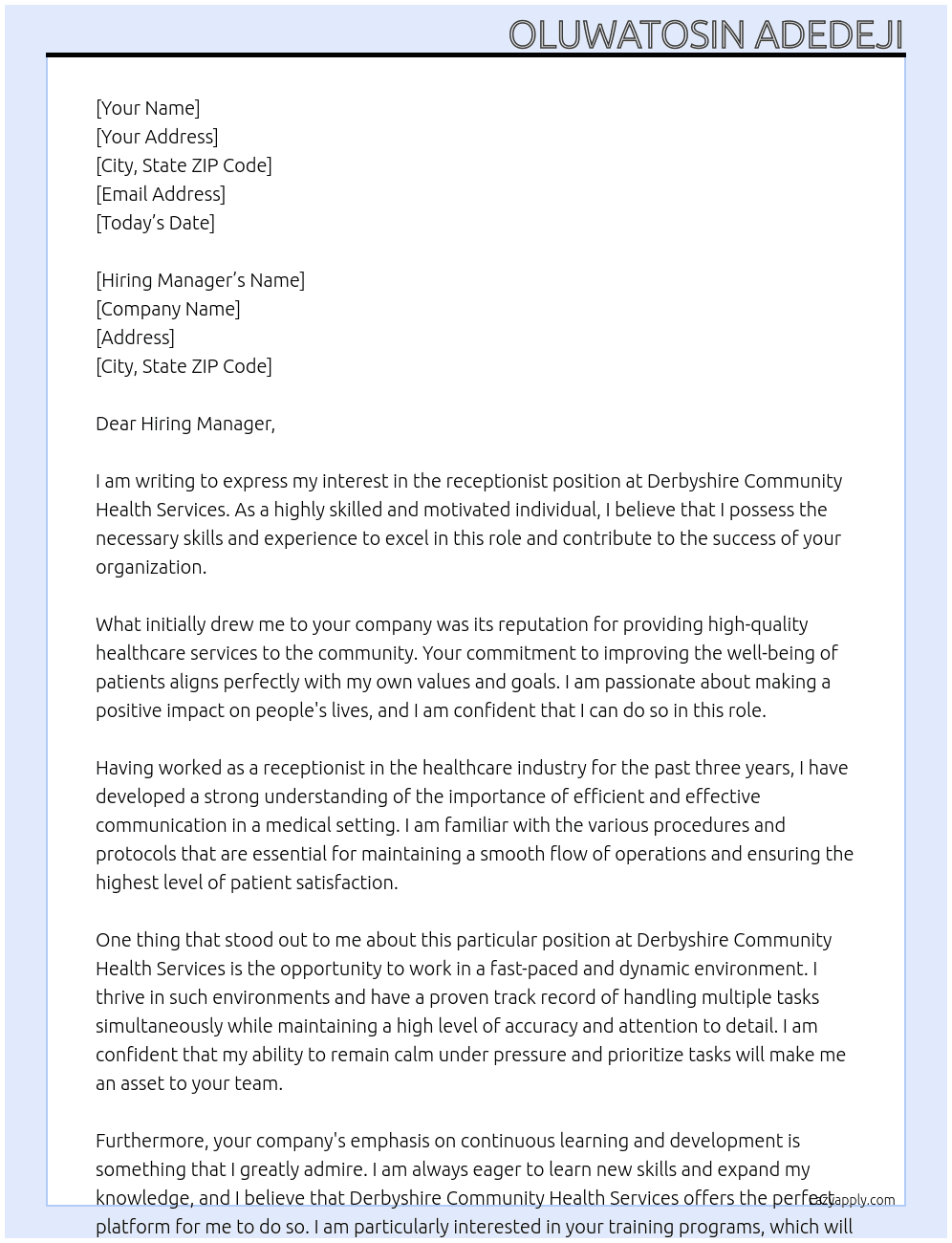 receptionist At Derbyshire Community Health Services Cover Letter