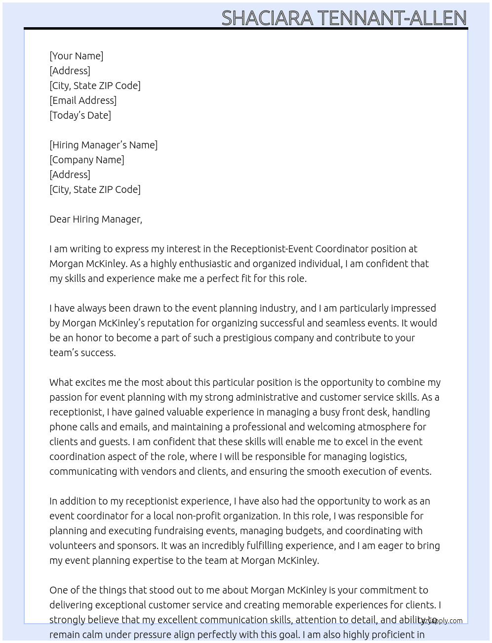 receptionist-event coordinator At Morgan McKinley Cover Letter