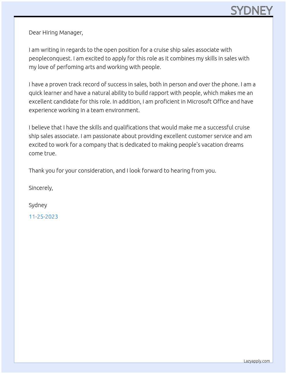 cruise ship sales associate At peopleconquest Cover Letter