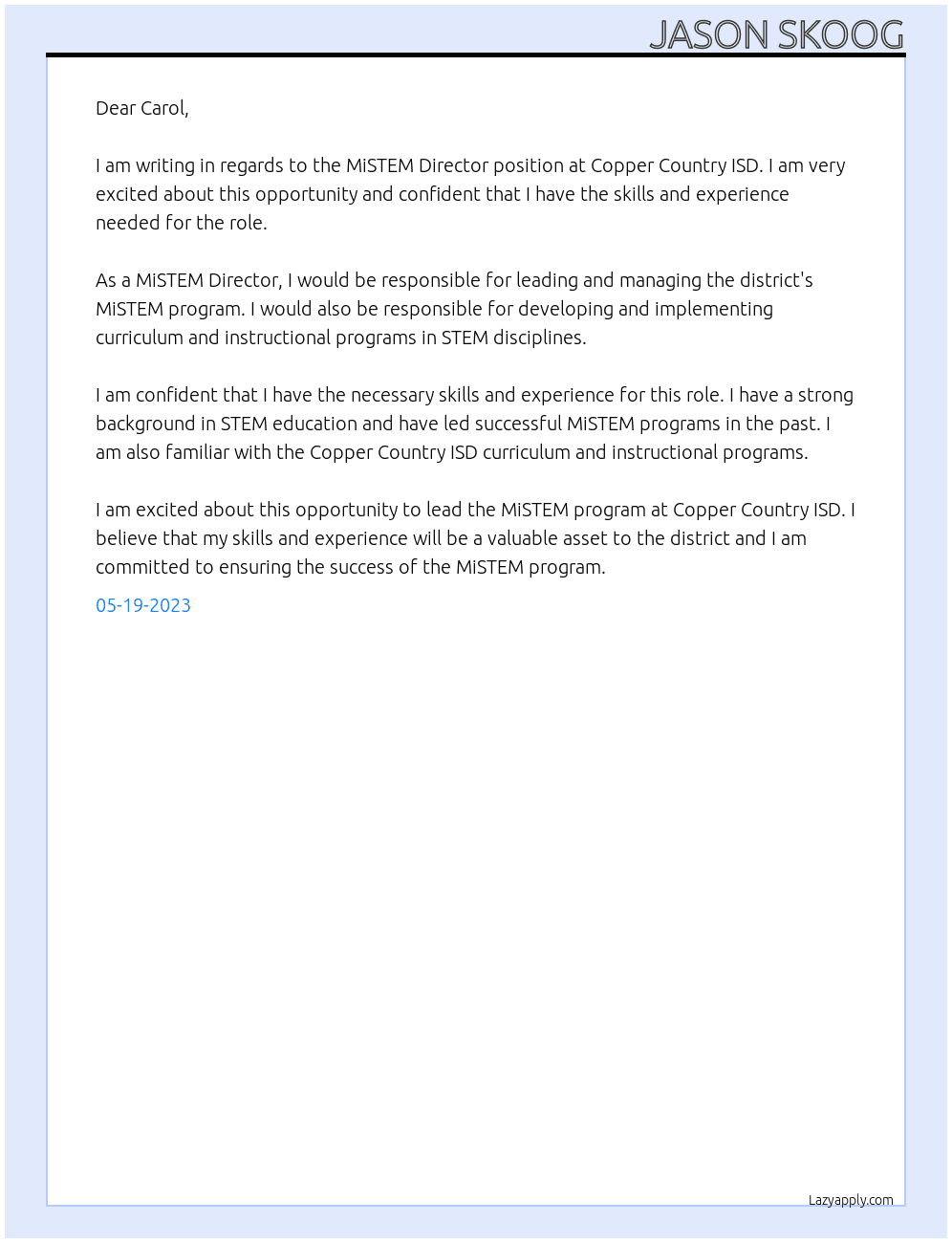 MiSTEM Director At Copper Country ISD Cover Letter