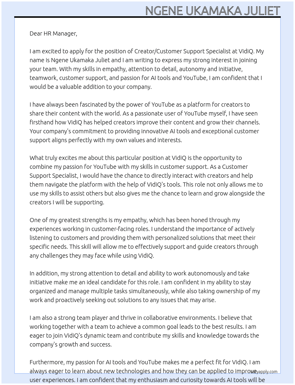Creator/Customer Support Specialist At VidiQ Cover Letter