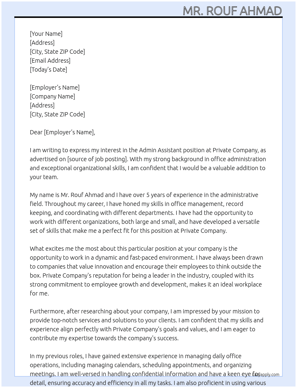 Admin Assitant  At Private Company  Cover Letter
