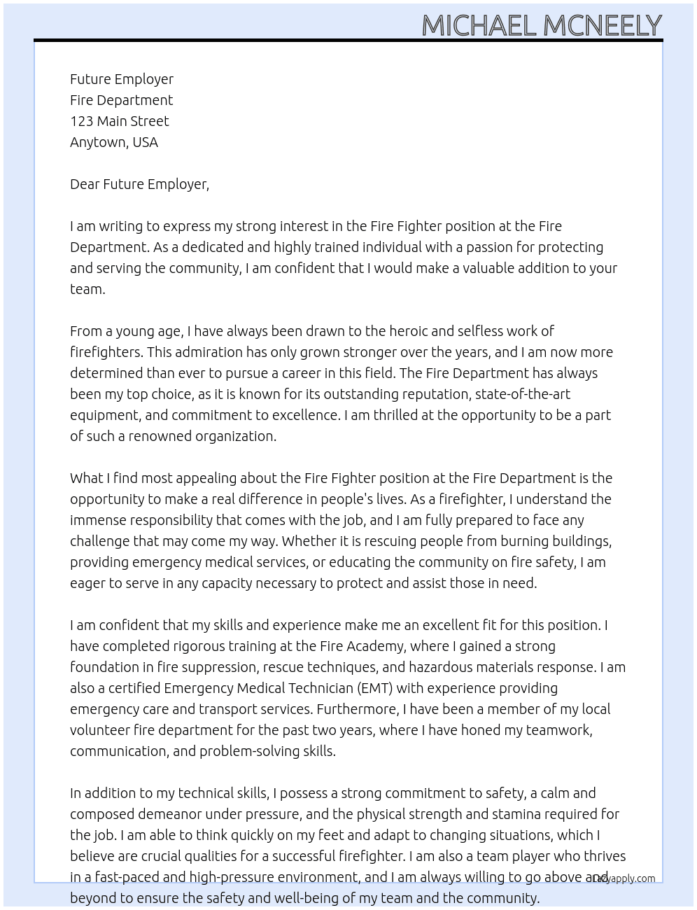 Fire Fighter At Fire Department Cover Letter