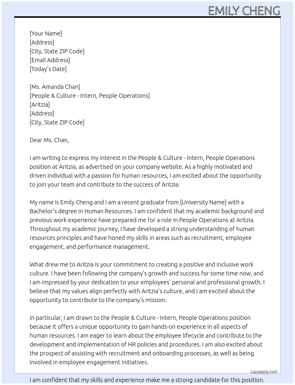 People & Culture - Intern, People Operations At Aritzia Cover Letter