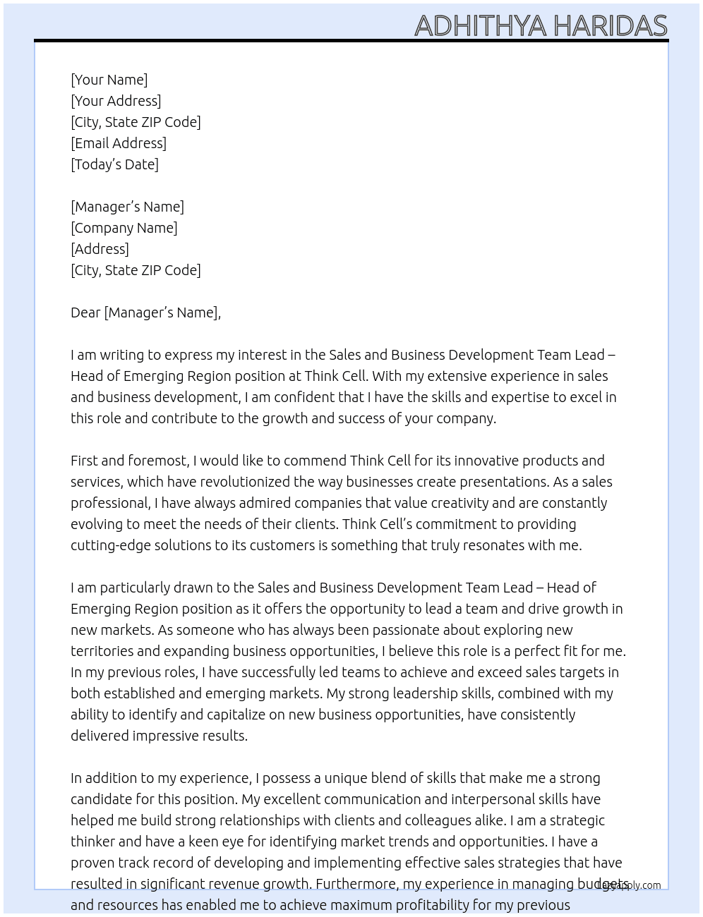 Sales and Business Development Team Lead - Head of Emerging Region At Think Cell Cover Letter