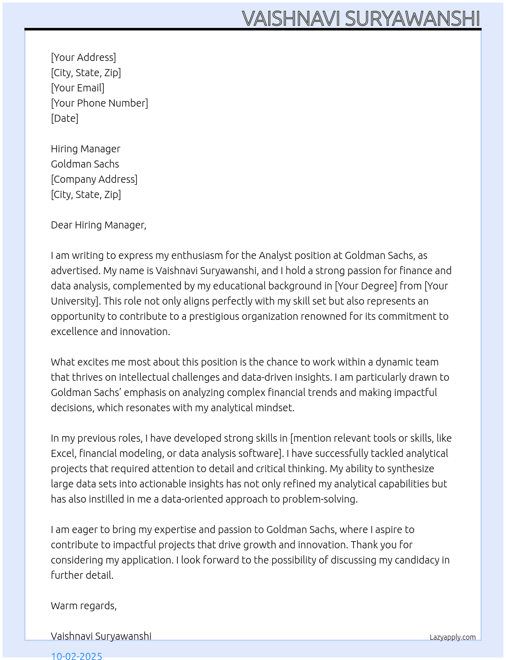 Analyst At Goldman Sachs Cover Letter